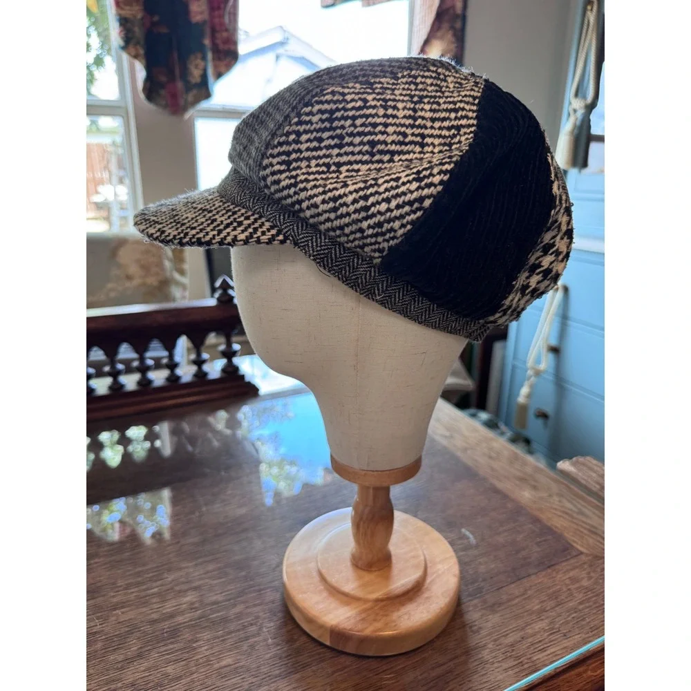 Cappelli Straworld Newsboy Cap Black White Houndstooth Patchwork Baker Boy Hat